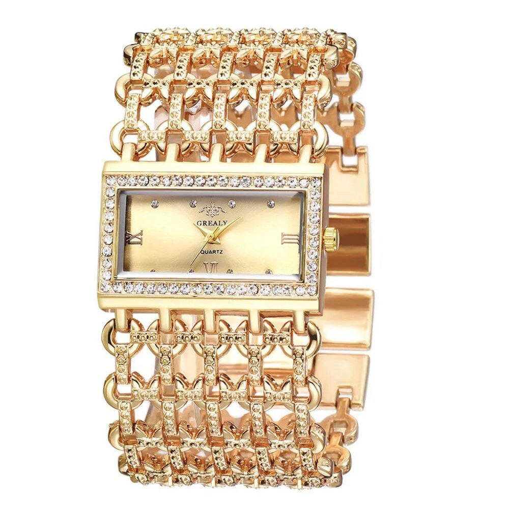 Quality Quartz Formal Women Gold Tone Square Wristwatch